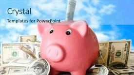  Presentation with loan - PPT theme consisting of piggy bank on pile background and a  colored foreground