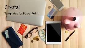  Presentation with digital banking - Audience pleasing presentation theme consisting of piggy bank with digital devices backdrop and a coral colored foreground