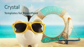  Presentation with piggy bank broken piggybank - PPT layouts enhanced with piggy bank with dollar banknotes background and a sky blue colored foreground