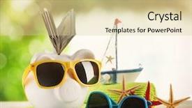  Presentation with piggy bank is evil - Presentation having piggy bank with dollar banknotes background and a lemonade colored foreground