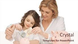  Presentation with piggy bank broken piggybank - Colorful presentation design enhanced with save kids - mother and daughter with piggy backdrop and a  colored foreground
