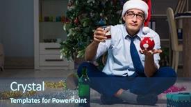  Presentation with collage of families celebrating christmas - Beautiful slide deck featuring piggy banks santa hat - businessman celebrating christmas at home backdrop and a  colored foreground