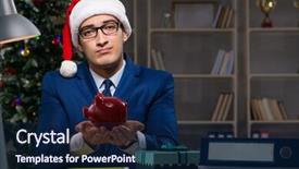  Presentation with annual day function - Slides enhanced with piggy banks santa hat - businessman working late on christmas background and a  colored foreground