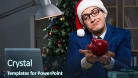  Presentation with late - Amazing slide deck having piggy banks santa hat - businessman working late on christmas backdrop and a  colored foreground