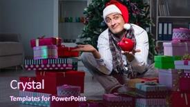  Presentation with gifs christmas - PPT layouts having piggy banks santa hat - man with many christmas gifts background and a  colored foreground