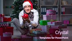  Presentation with gifts - PPT theme enhanced with piggy banks santa hat - man with many christmas gifts background and a  colored foreground