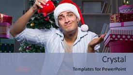  Presentation with gifts - PPT theme featuring piggy banks santa hat - man with many christmas gifts background and a  colored foreground