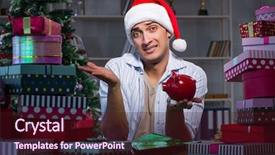  Presentation with gifts - Amazing PPT theme having piggy banks santa hat - man with many christmas gifts backdrop and a  colored foreground