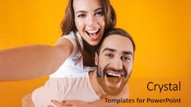  Presentation with creeper image - Presentation design with piggyback - image of excited couple taking background and a gold colored foreground