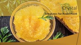  Presentation with caviar - Slide deck having pike caviar or roe in the bowl on wooden background top view background and a yellow colored foreground