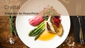  Presentation with couscous - PPT theme consisting of pike-perch-fillet-asparagus-pearl background and a coral colored foreground