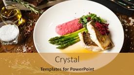  Presentation with couscous - Beautiful presentation design featuring pike-perch-fillet-asparagus-pearl backdrop and a gold colored foreground