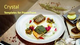  Presentation with salad dressing - Theme consisting of pike-perch-fillet-potato-gratin background and a  colored foreground