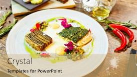  Presentation with salad dressing - Slide deck enhanced with pike-perch-fillet-potato-gratin background and a  colored foreground