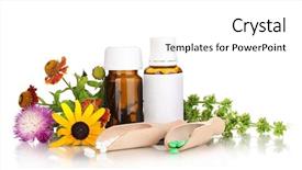  Presentation with white flowers - Theme featuring pil - medicine bottles with tablets background and a  colored foreground