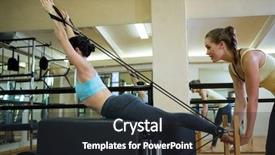  Presentation with exercise trainer - Theme having pilates - female trainer assisting woman background and a dark gray colored foreground