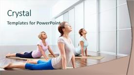  Presentation with close up of young girls - Slide deck enhanced with pilates - young girls do yoga indoors background and a sky blue colored foreground