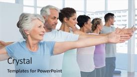  Presentation with pilates - Presentation design consisting of pilates idosos - portrait of fitness class stretching background and a light blue colored foreground