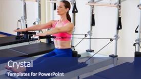  Presentation with pilates - Theme with pilates reformer woman stomach massage flat exercise workout at gym background and a navy blue colored foreground