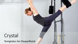  Presentation with stretch - Audience pleasing slide deck consisting of pilates woman in cadillac split backdrop and a light gray colored foreground