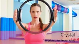  Presentation with pilates - Slides having pilates woman magic ring hands exercise workout at gym indoor background and a coral colored foreground
