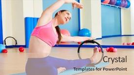  Presentation with stretch - Slide deck featuring pilates woman side stretch magic ring exercise workout at gym indoor background and a lemonade colored foreground