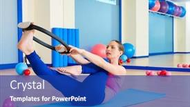  Presentation with stretch - Slide set consisting of pilates woman single leg stretch magic ring exercise workout at gym indoor background and a ocean colored foreground