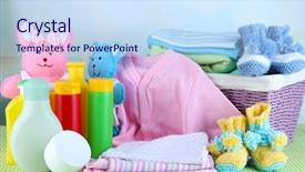  Presentation with baby color - Slide set having pile of baby clothes in basket on table on color background background and a sky blue colored foreground