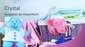  Presentation with baby clothes - Amazing slide set having pile of baby clothes in basket on table on color background backdrop and a sky blue colored foreground