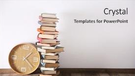  Presentation with home design - PPT layouts featuring pile of books and clock background and a sky blue colored foreground