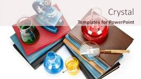  Presentation with flasks - Beautiful presentation theme featuring pile of books flasks microscope and magnifier on a white background backdrop and a lemonade colored foreground