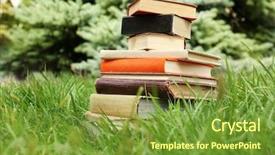  Presentation with pile - Audience pleasing slide deck consisting of pile of books on green backdrop and a  colored foreground