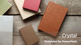  Presentation with pile - Beautiful PPT layouts featuring pile of books on wooden backdrop and a violet colored foreground