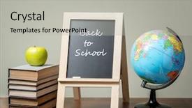  Presentation with school apple - PPT layouts with pile of books with green apple globe and blackboard with back to school phrase all placed on brown desk over green wall background and a light gray colored foreground
