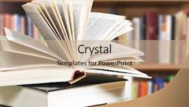  Presentation with library - Cool new slide deck with pile of books with library backdrop and a coral colored foreground