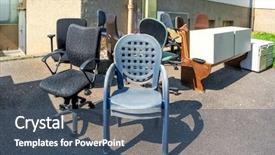  Presentation with furniture - Beautiful presentation theme featuring pile of broken office furniture backdrop and a ocean colored foreground