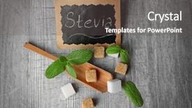  Presentation with sugar cubes - Theme featuring pile of brown sugar cubes and stevia on grey wooden background background and a gray colored foreground