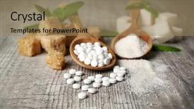  Presentation with sugar cubes - PPT theme consisting of pile of brown sugar cubes and stevia on grey wooden background background and a coral colored foreground