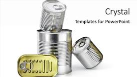  Presentation with food white - Audience pleasing PPT theme consisting of pile of cans of conserved backdrop and a white colored foreground