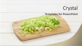  Presentation with celery - Slide deck having pile of chopped celery stems on wooden cutting board background and a white colored foreground