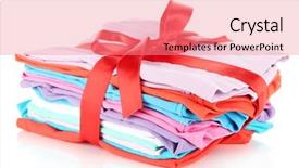  Presentation with red bow - Cool new theme with pile of clothing with red ribbon and bow isolated on white backdrop and a coral colored foreground