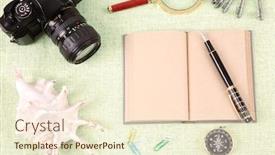  Presentation with clutter - Colorful presentation design enhanced with pile of clutter items on green background backdrop and a cream colored foreground