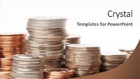  Presentation with british - Slides having pile of coins british currency background and a white colored foreground