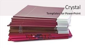  Presentation with brochure - PPT theme consisting of pile of color magazines isolated background and a coral colored foreground