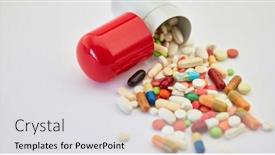  Presentation with drugs - Presentation design with pile of colorful drugs tumbling out of big open capsule background and a light gray colored foreground