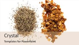  Presentation with pepper - Beautiful presentation featuring pile of crushed red pepper beside a pile of ground black pepper isolated on white backdrop and a coral colored foreground