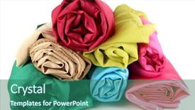  Presentation with fabrics - Colorful presentation theme enhanced with pile of different fabrics isolated backdrop and a ocean colored foreground