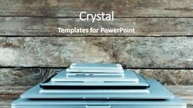  Presentation with electronics - Colorful presentation theme enhanced with pile of different modern electronics gadgets on old wooden background backdrop and a gray colored foreground