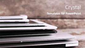  Presentation with electronics - Audience pleasing slide deck consisting of pile of different modern electronics gadgets on old wooden background backdrop and a gray colored foreground