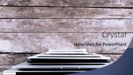  Presentation with electronics - Audience pleasing slide deck consisting of pile of different modern electronics gadgets on old wooden background backdrop and a light gray colored foreground